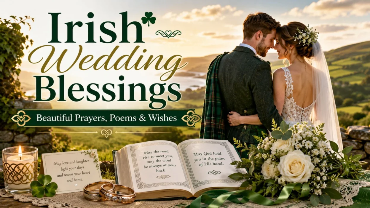 Irish wedding blessings with a newlywed couple, Celtic details, wedding rings, Bible, flowers, and green hills