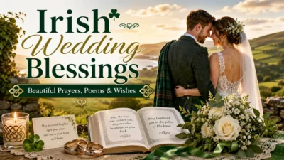 Irish wedding blessings with a newlywed couple, Celtic details, wedding rings, Bible, flowers, and green hills