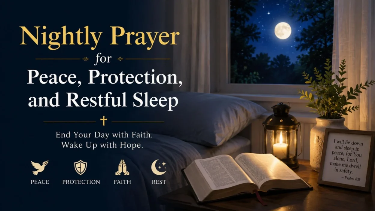 Nightly prayer for peace, protection, faith, and restful sleep beside an open Bible at night
