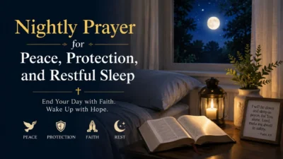 Nightly prayer for peace, protection, faith, and restful sleep beside an open Bible at night
