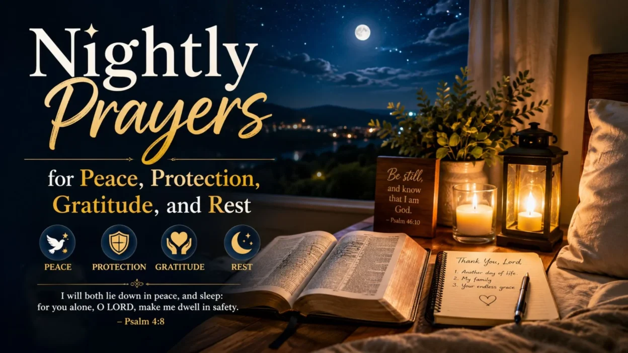 Nightly prayers for peace, protection, gratitude, and restful sleep beside an open Bible