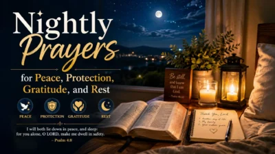 Nightly prayers for peace, protection, gratitude, and restful sleep beside an open Bible