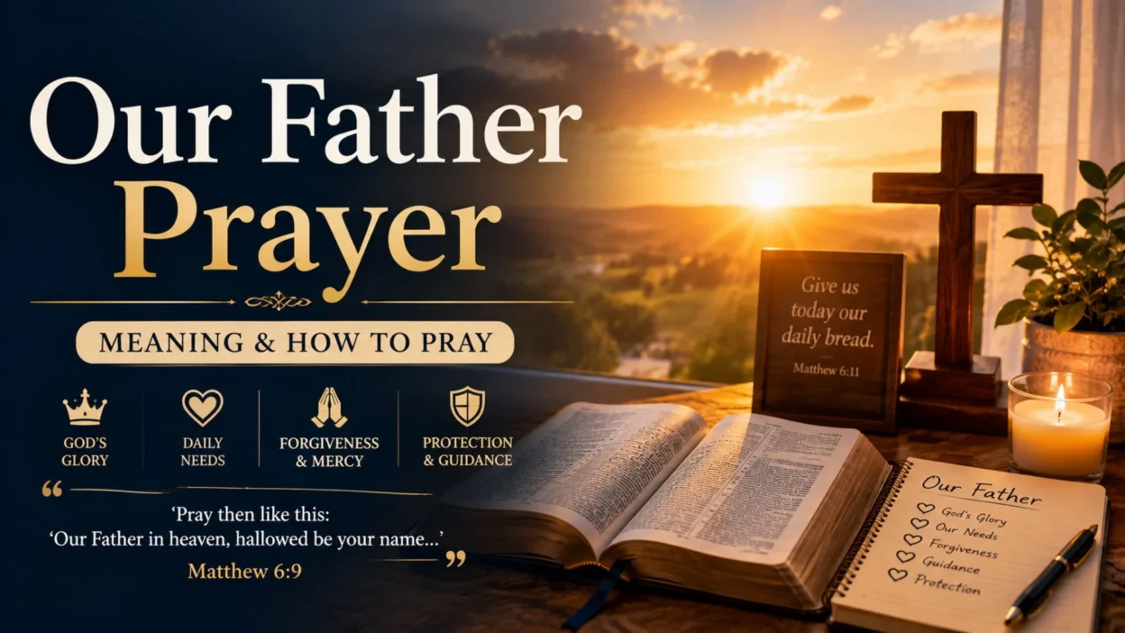 Our Father Prayer with open Bible, cross, candle, and peaceful sunrise for prayer and reflection