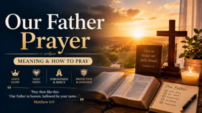 Our Father Prayer with open Bible, cross, candle, and peaceful sunrise for prayer and reflection