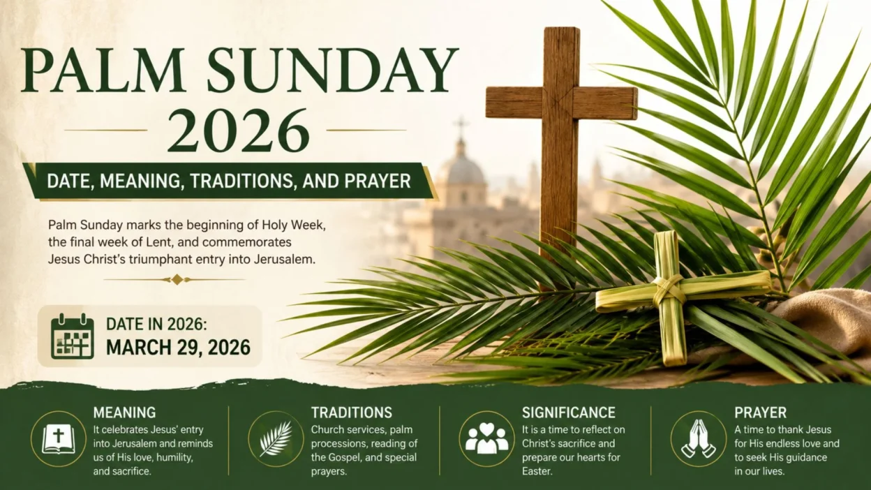 Palm Sunday 2026 with palm leaves, wooden cross, date March 29, traditions, meaning, and prayer