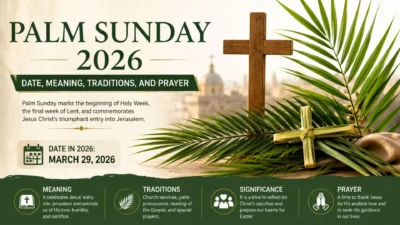 Palm Sunday 2026 with palm leaves, wooden cross, date March 29, traditions, meaning, and prayer