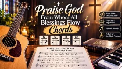 Praise God From Whom All Blessings Flow chords with guitar, piano, hymn sheet, and chord diagrams