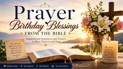 Prayer birthday blessings from the Bible with an open Bible, cross, flowers, candle, and inspiring Scripture at sunrise.