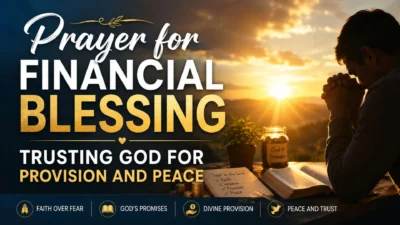 Prayer for financial blessing with a person praying at sunrise, Bible, and message of God's provision and peace.