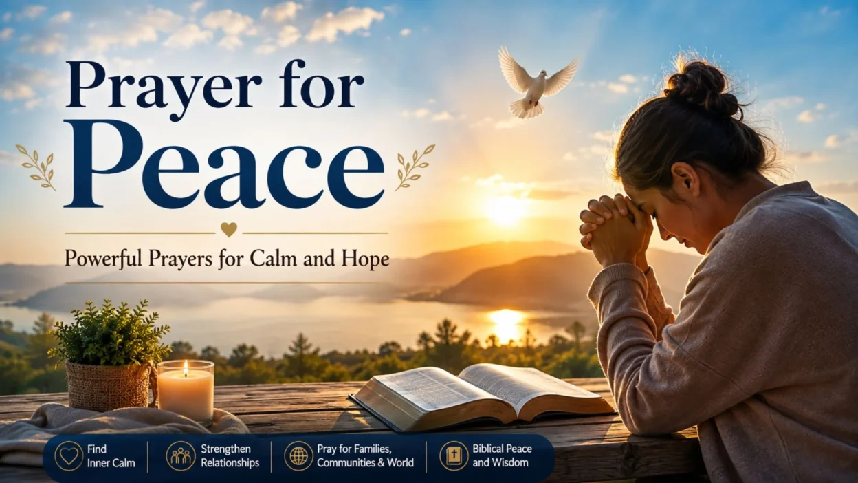 Prayer for Peace with a peaceful sunrise, Bible, candle, and woman praying for calm and hope