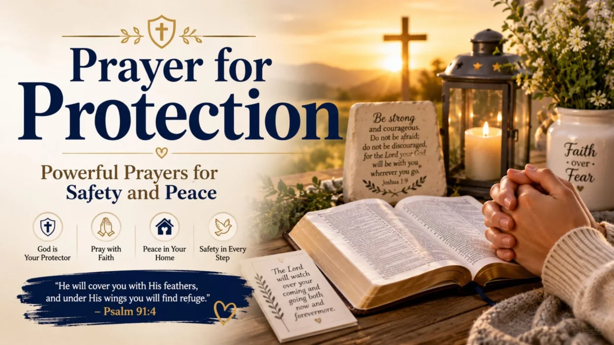 Prayer for protection with an open Bible, praying hands, cross, candle, and peaceful sunrise