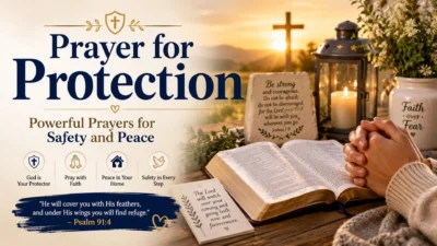 Prayer for protection with an open Bible, praying hands, cross, candle, and peaceful sunrise
