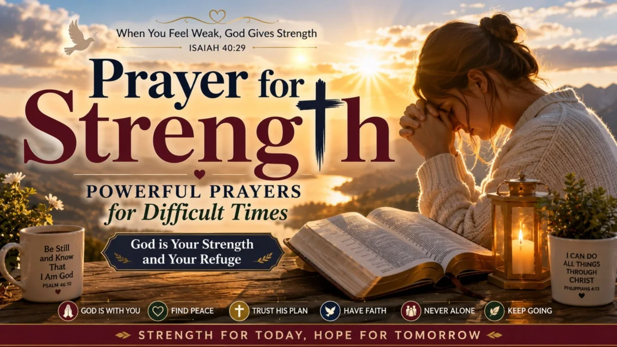 Prayer for strength with a woman praying beside an open Bible at sunrise