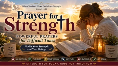 Prayer for strength with a woman praying beside an open Bible at sunrise