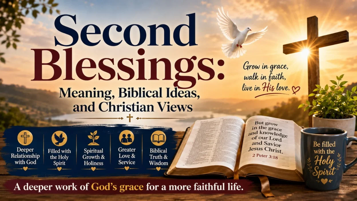 Second blessings meaning with open Bible, cross, dove, sunrise, and Holy Spirit message
