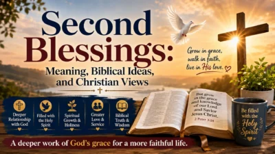 Second blessings meaning with open Bible, cross, dove, sunrise, and Holy Spirit message