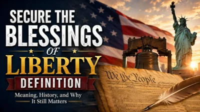 Secure the Blessings of Liberty definition featuring the U.S. Constitution, Liberty Bell, Statue of Liberty, and American flag