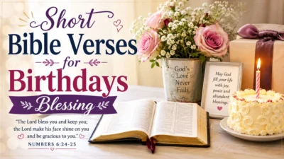 Short Bible verses for birthdays blessing with an open Bible, birthday cake, flowers, and a heartfelt Christian birthday message.