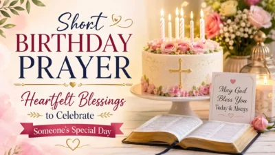 Short birthday prayer image with a birthday cake, Bible, flowers, and heartfelt blessings to celebrate someone's special day.