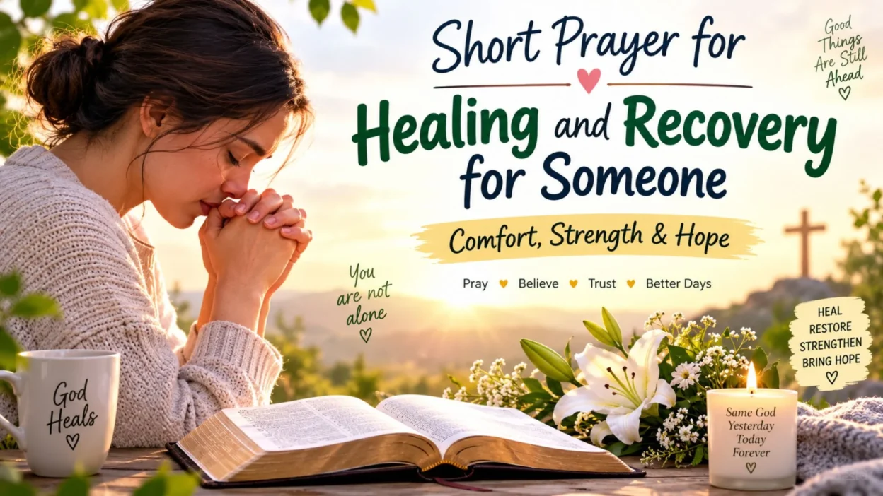 Short prayer for healing and recovery with a woman praying beside a Bible at sunrise