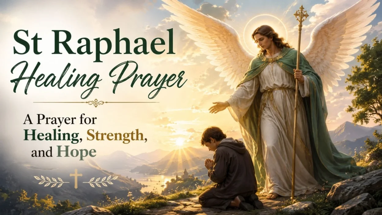 St Raphael healing prayer with an angel guiding a person in prayer at sunrise