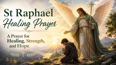 St Raphael healing prayer with an angel guiding a person in prayer at sunrise