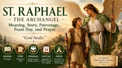 St. Raphael the Archangel with Tobias, fish, staff, feast day and prayer