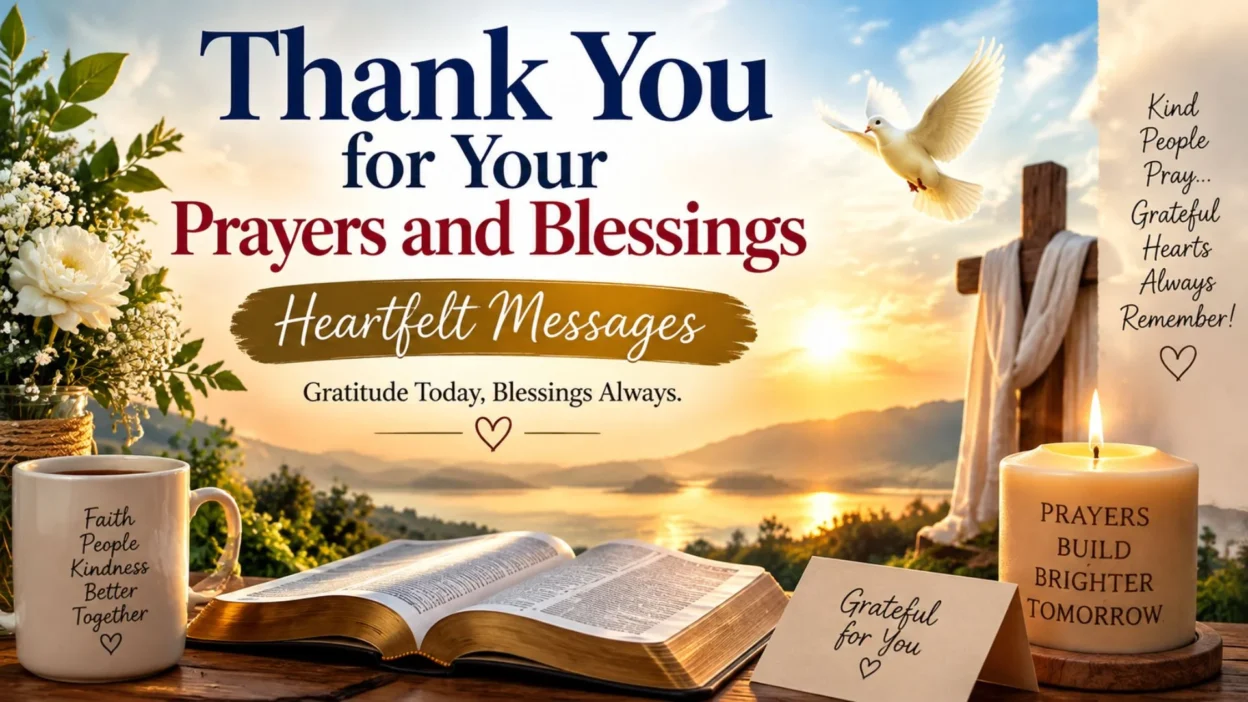 Thank you for your prayers and blessings with Bible, flowers, candle, dove, and peaceful sunrise