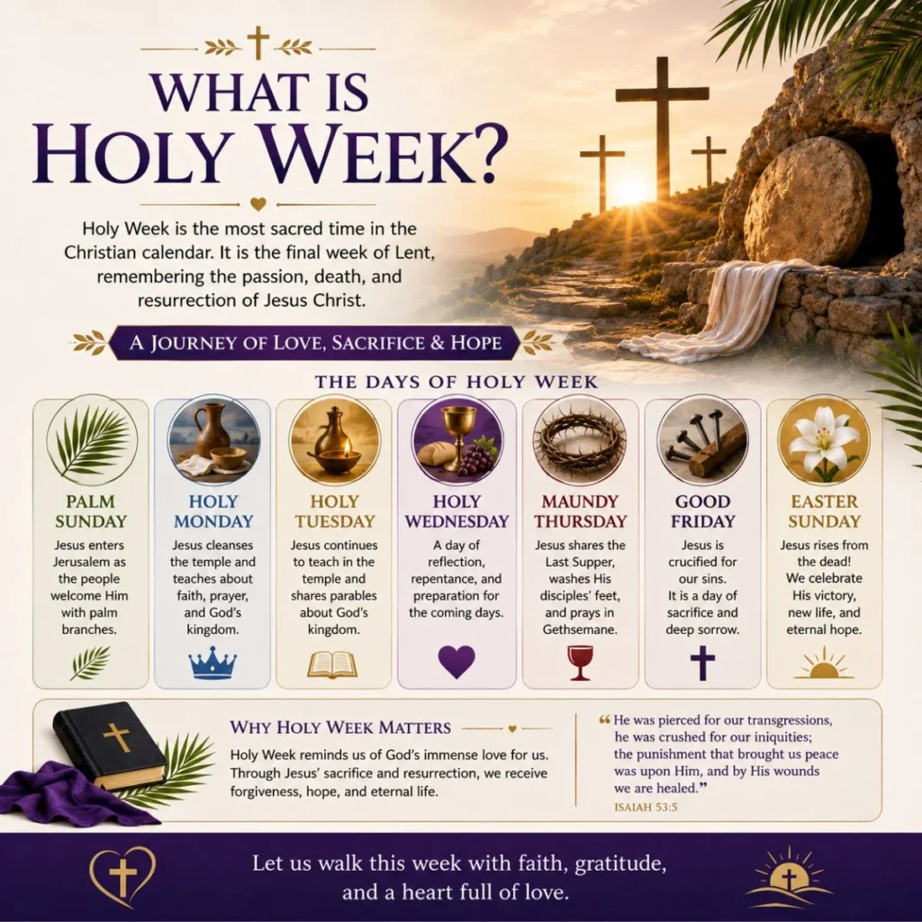 What is Holy Week with crosses, empty tomb, palm branches, and a guide to its sacred days
