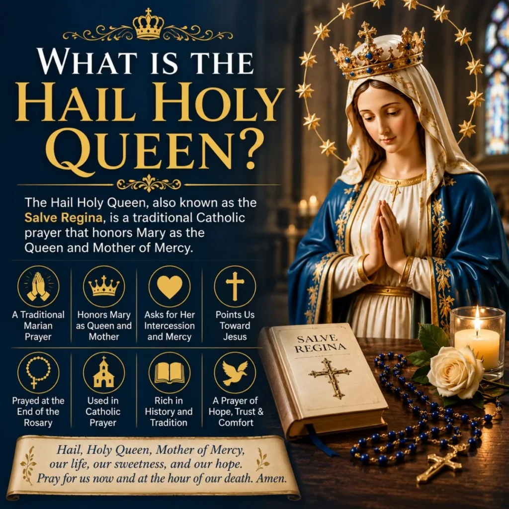 What is the Hail Holy Queen prayer with Mary, Rosary, candle, and Catholic devotional symbols
