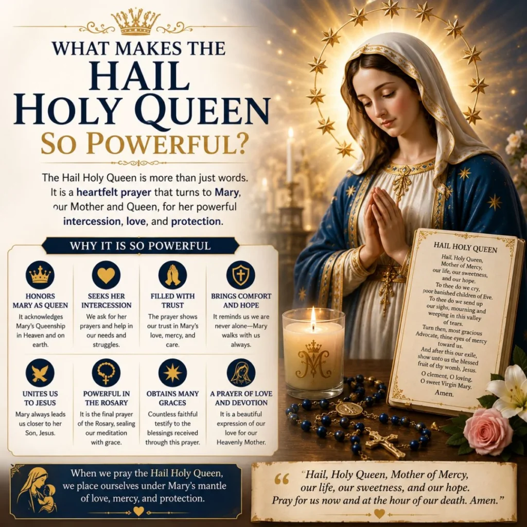 What makes the Hail Holy Queen powerful with Mary, Rosary, candle, and Catholic prayer
