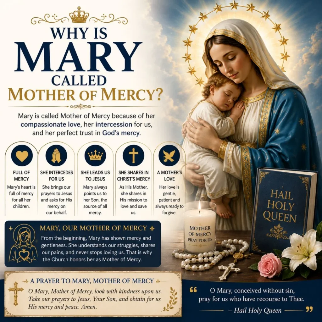 Why Mary is called Mother of Mercy with Jesus, Rosary, candle, and Hail Holy Queen prayer