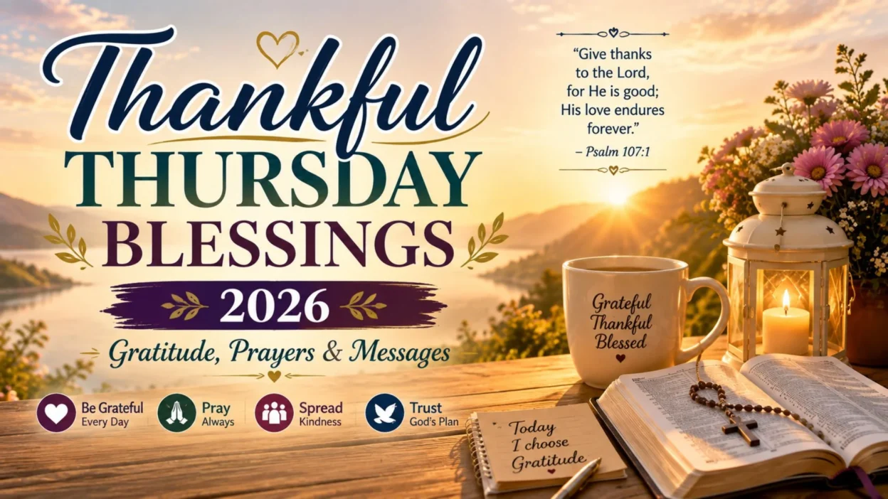 Thankful Thursday blessings 2026 with Bible, sunrise, gratitude, prayers, flowers, and peaceful lake