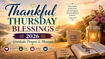 Thankful Thursday blessings 2026 with Bible, sunrise, gratitude, prayers, flowers, and peaceful lake