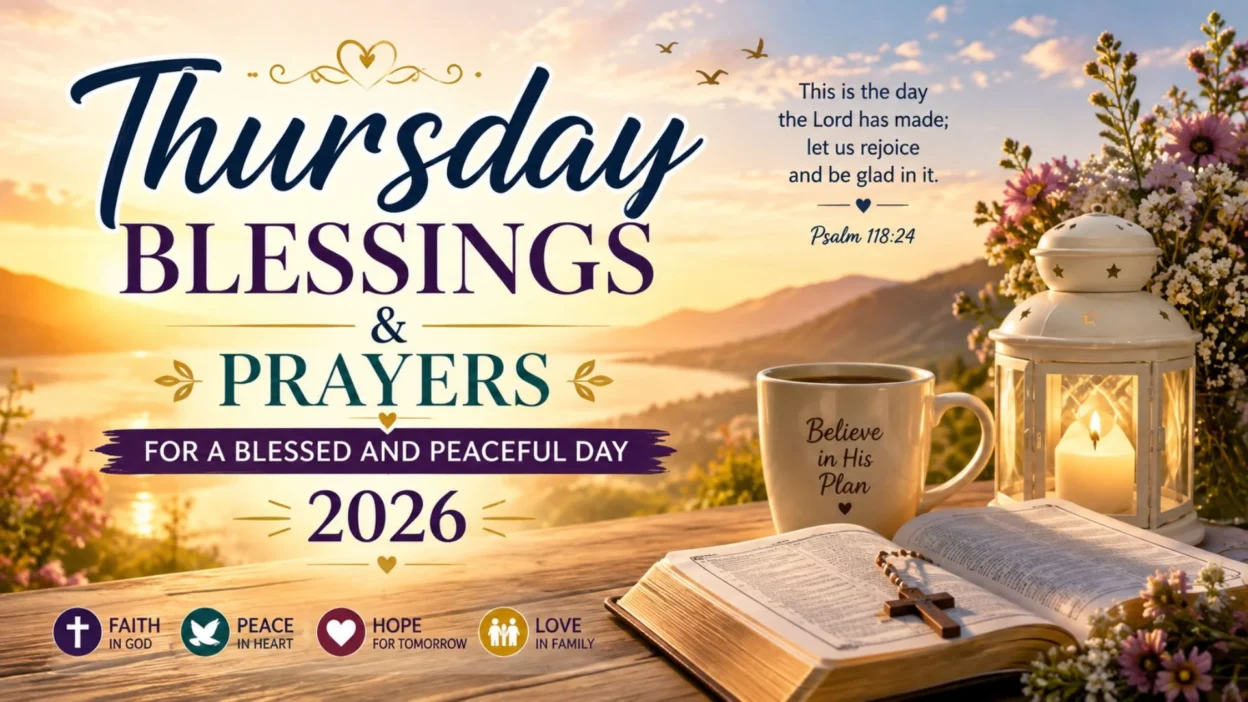 Thursday blessings and prayers 2026 with Bible, sunrise, flowers, and peaceful Christian setting